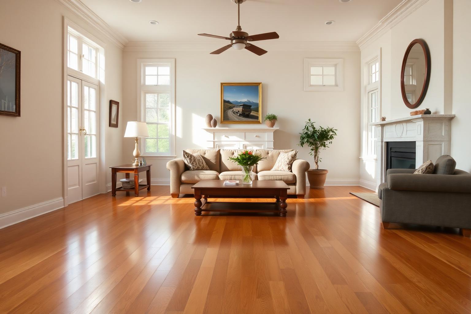 Restored hardwood floor with a fresh satin sheen after a screen and recoat