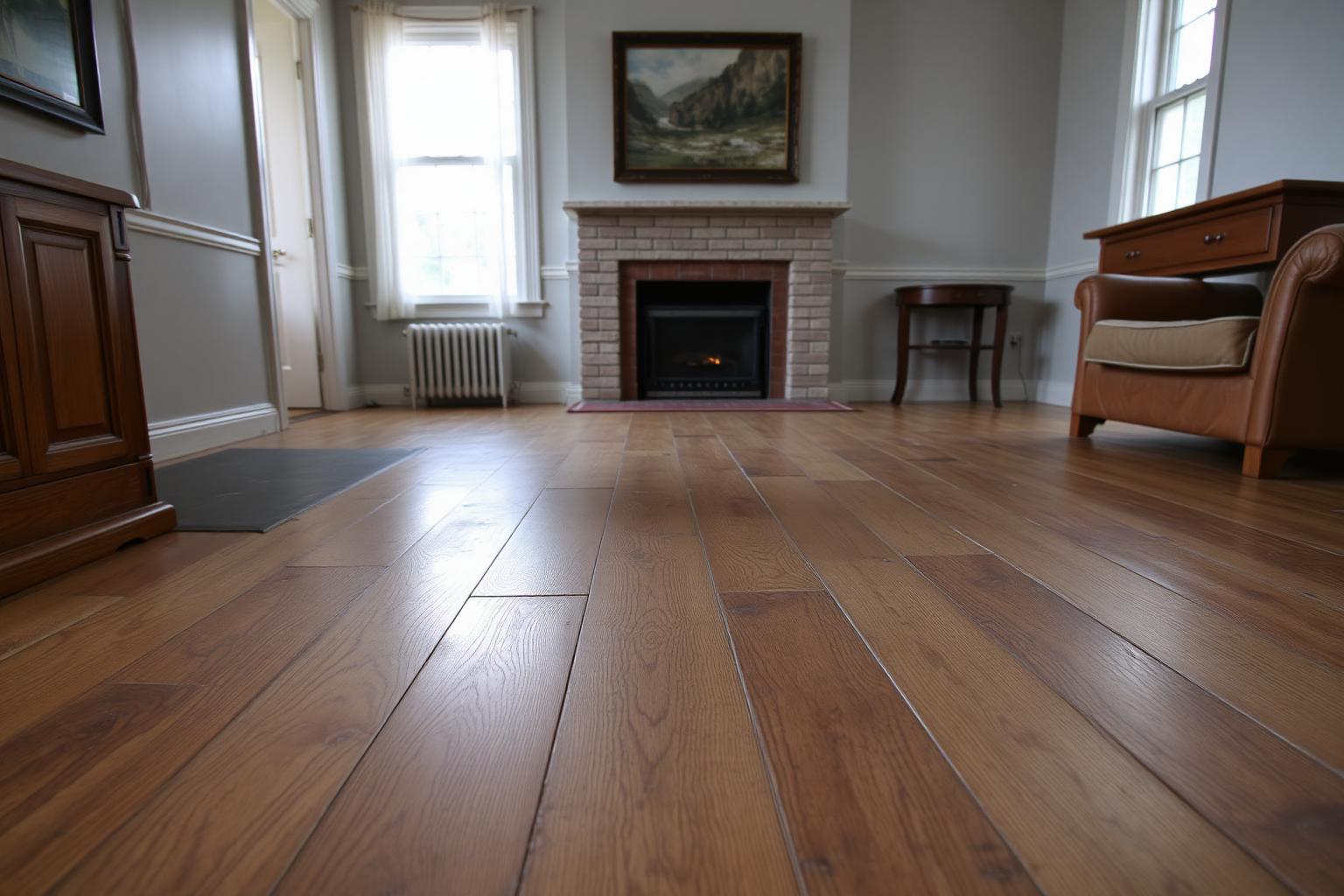 Dull, scratched hardwood floor before a screen and recoat