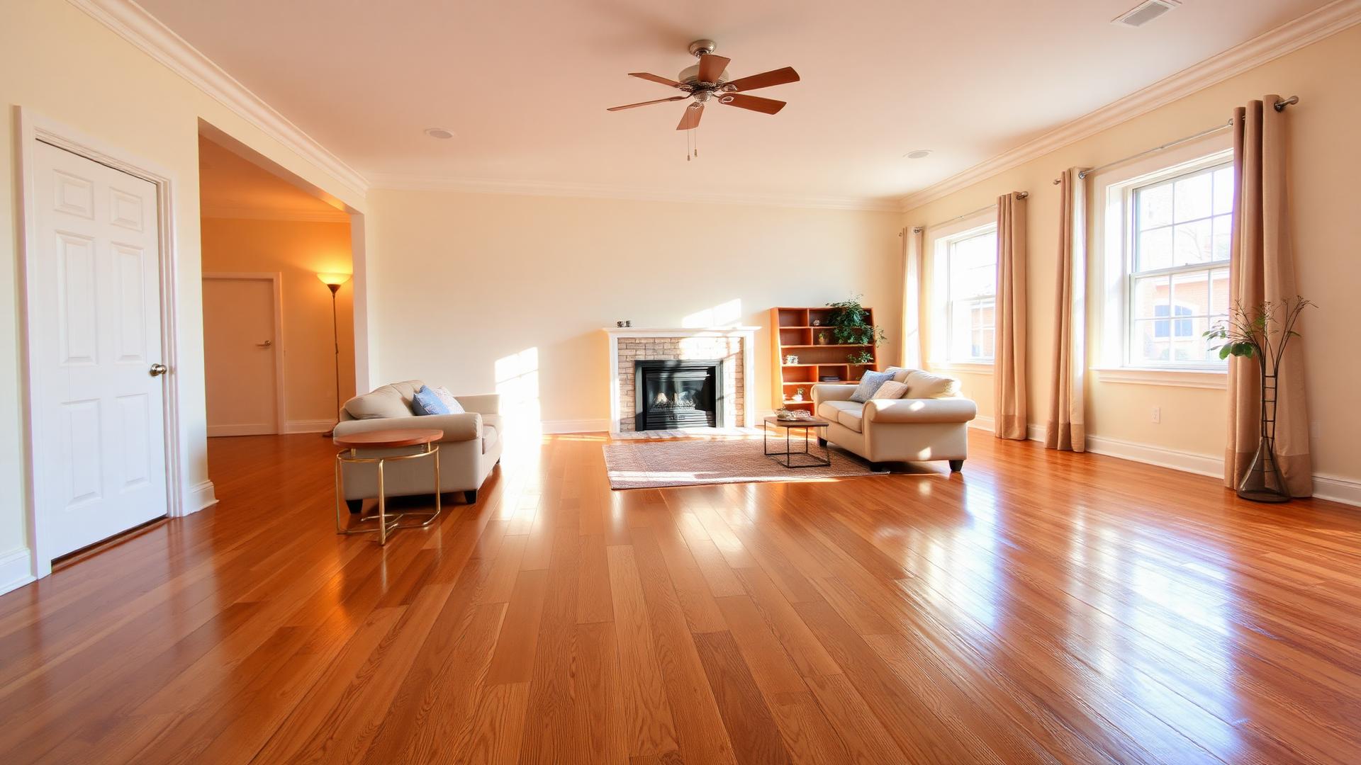 Freshly recoated hardwood floors gleaming in a bright living room