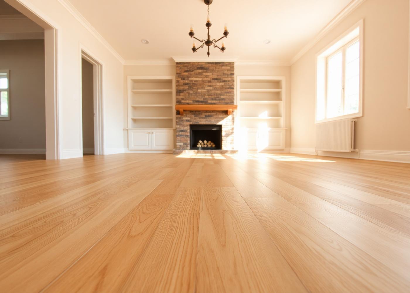 Freshly finished hardwood flooring in a living room